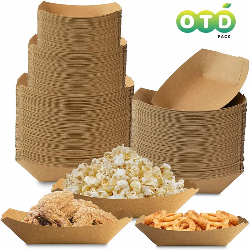 50pcs/Pack Heavy Duty Disposable Kraft Brown Paper Food Trays Grease Resistant Fast Food Snack Boat for Parties Fairs