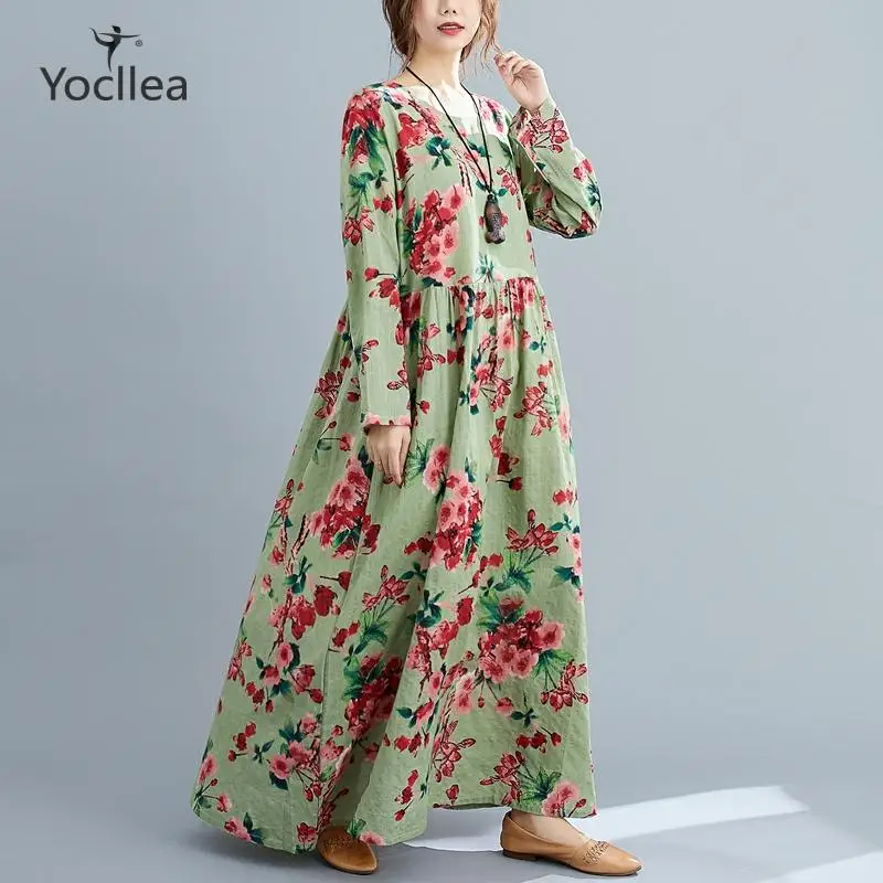

New Autumn Women dress Long dress Robe Female Cotton Long Sleeve Print Dresses O-neck Large Size Loose Casual Dress Vestidos