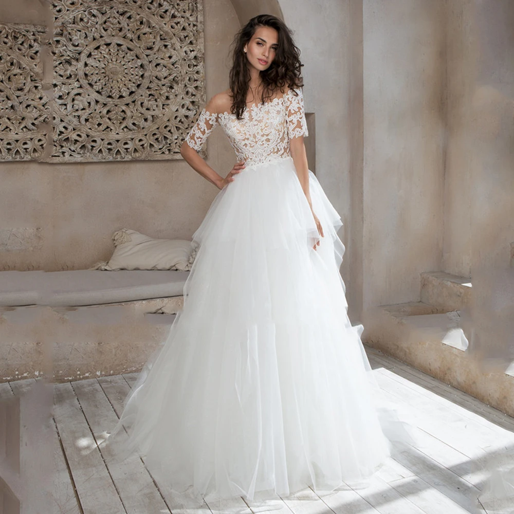 

Elegant A-Line Tulle Wedding Dress Boat Neck Short Sleeve Backless Court Train Sexy Beach 2021 Bride Gowns Vestido De Noiva