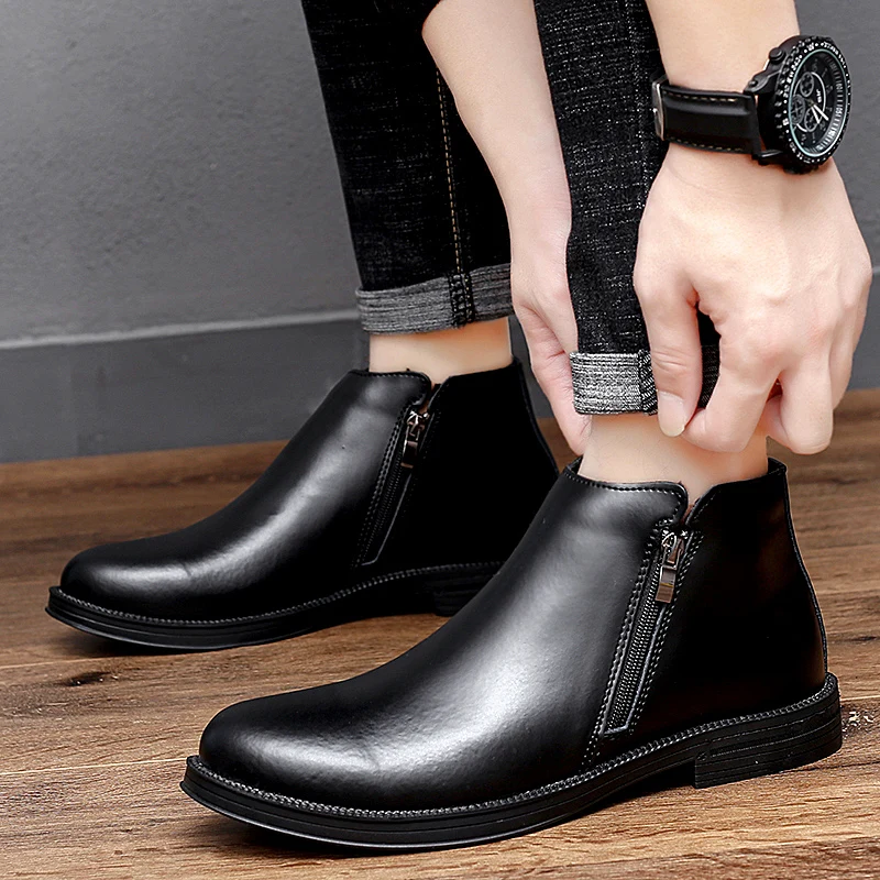 

Leather Chelsea Boots 2020 New Men Winter Shoes Plush Warm Shoes Zipper Cowhide Leather Booties Mens Ankle Boots black 37-44