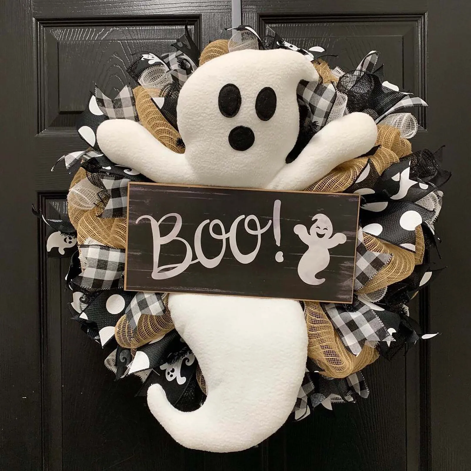 

Halloween Wreath BOO!Farmhouse-Ghost Wreath Outdoor Front Door Indoor Wall Decor Honeycomb Ghost Smiley Balloon For Halloween