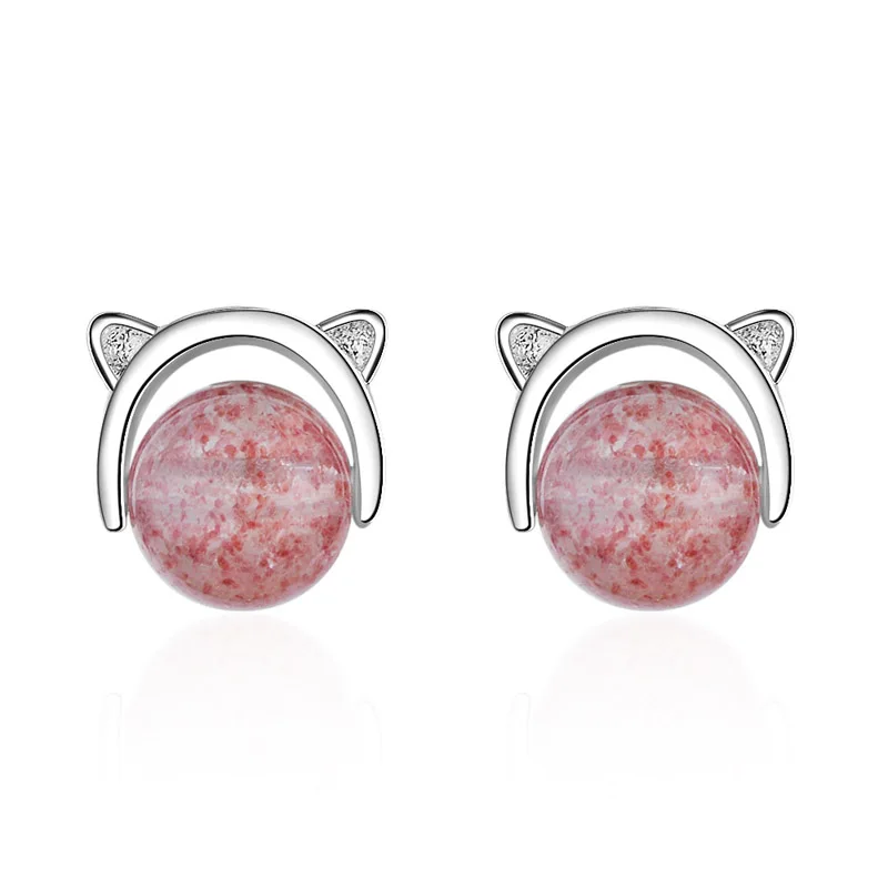 

Women Earring Silver Cute Animal Stawberry Stone Cat Ear Stud Earring Gift Lady Girl Gift Fashion Jewelry
