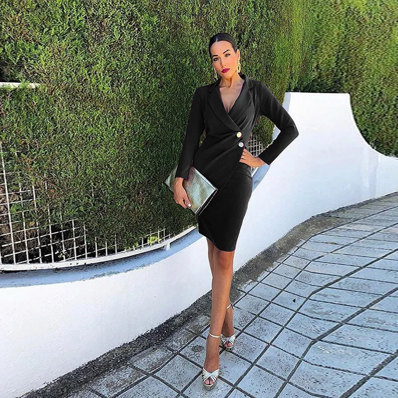 

WEPBEL Women Fashion Solid Color Buttoned V-neck Blazer Dress Slim Fit Lapel Office Lady Dress Casual Package Hip Dress