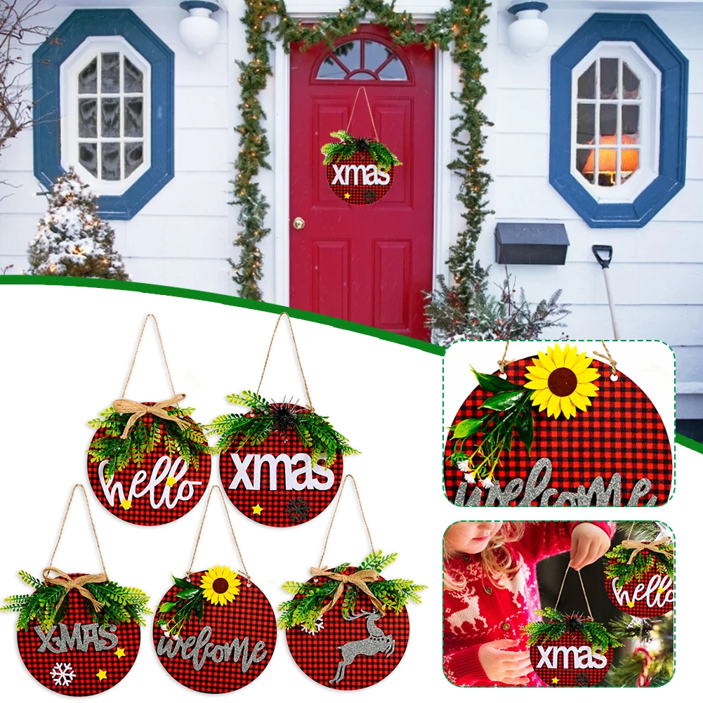 

New Lovely Stereo Decor Home Wood Wall Door Hanging 15x15cm Red Plaid Paste Cloth Elk Hello Welcome Christmas Art Craft Gift