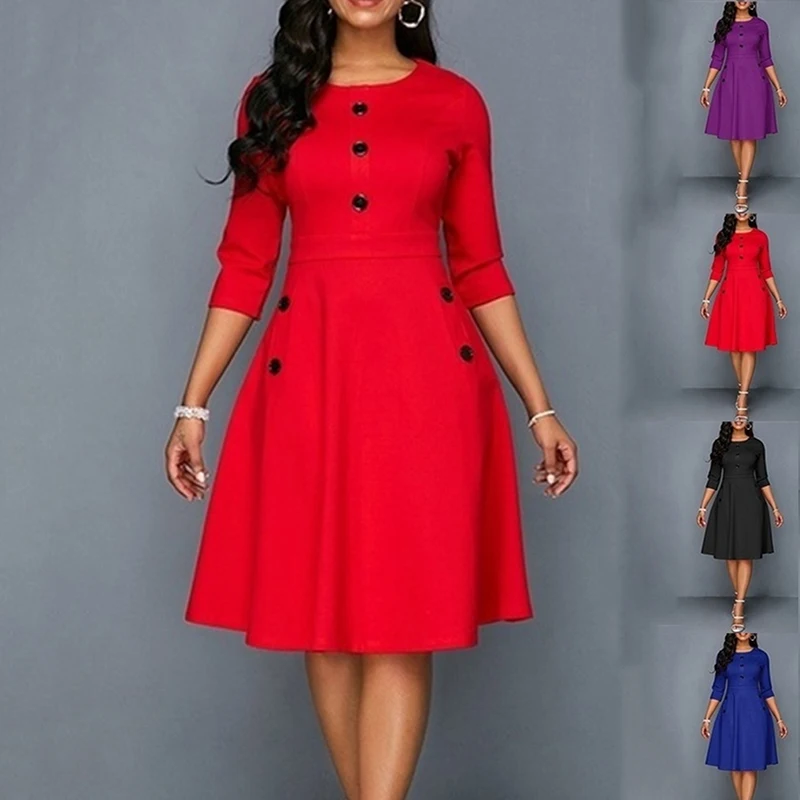 

Женское облегающее платье на пуговицах, однотонное винтажное платье с длинным рукавом и круглым вырезом, в стиле ретро, осень 3/4