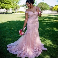 pink off shoulder full lace mermaid evening dresses elegant 2022 appliques sweep train short sleeves formal prom party gowns