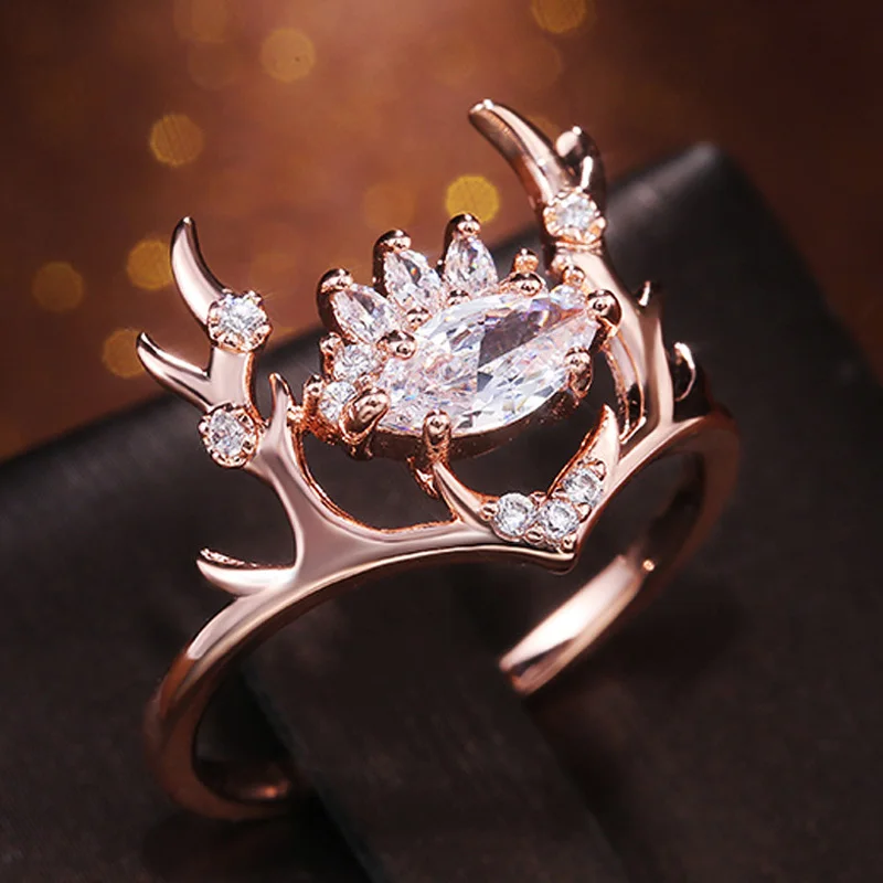 

Rings For Woman Fashion Glittering And Translucent Zircon Embellished Lovely Rose Gold Elk Antlers Zircon Wedding Ring