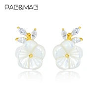 pagmag 14k gold color crystal flowers stud earrings for women 925 sterling silver fine jewelry korean earrings gift