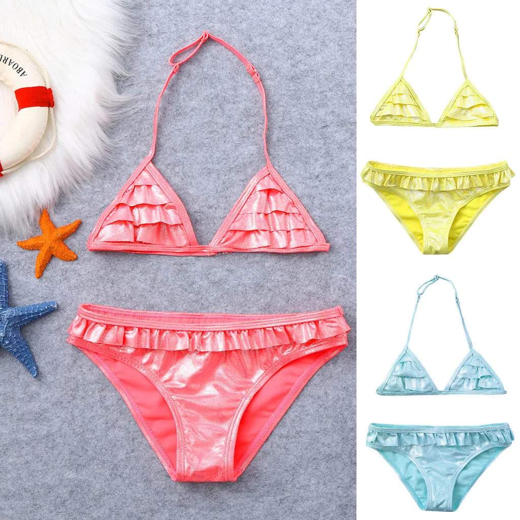 Одноцветный раздельный купальник бикини с оборками для маленьких девочек летний