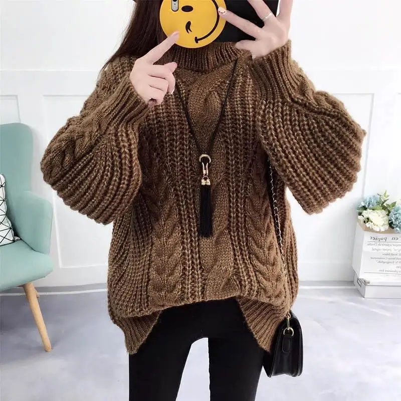 Knitwear Winter Pullovers Sweaters Women Autumn Turtle Neck Loose Sweater Jumper Female Solid Khaki Chic Tops | Женская одежда