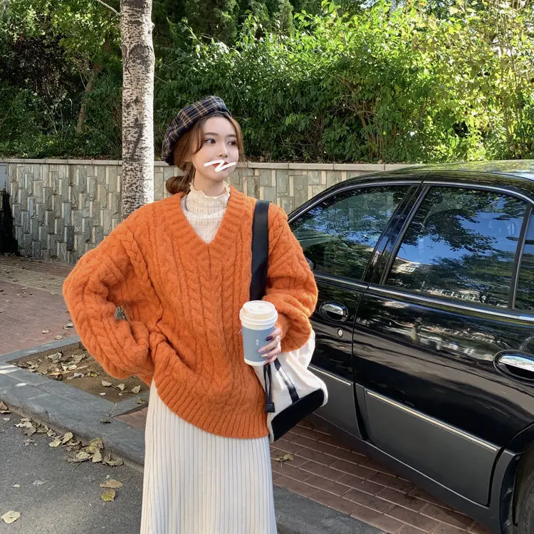 Женский вязаный пуловер с V-образным вырезом свитер зимний свободный - купить по