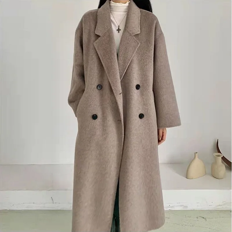 

100%Wool PureWool Woman Long Coat Double Breast Outwear Overcoat Cardigan Solid Turn-down Collar OfficeLady Chic Business Formal