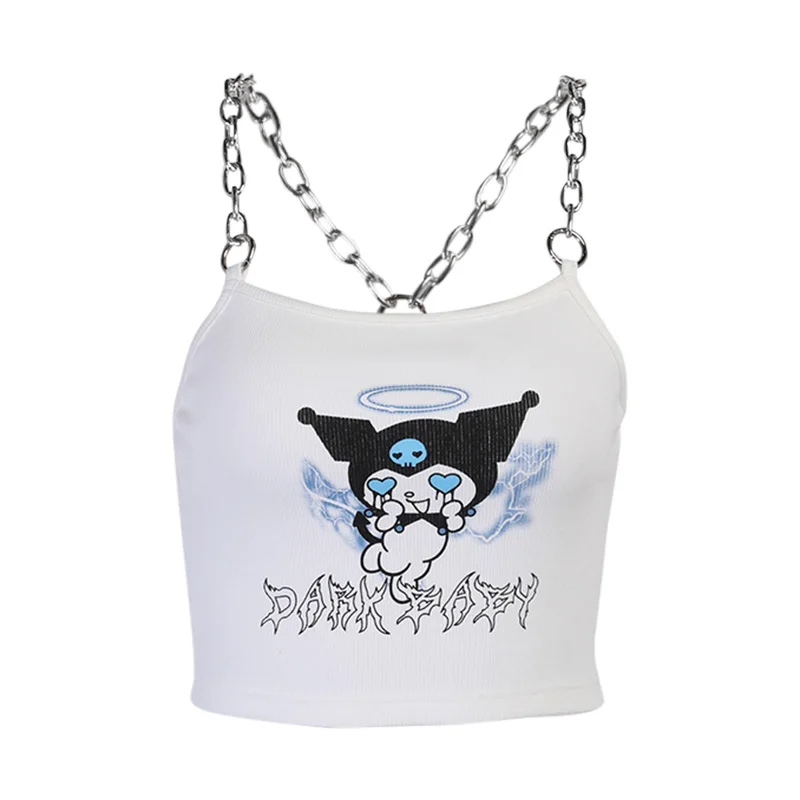 

InsGoth Y2K Goth kuromi Print White Camis Punk Sexy Metal Chain Patchwork Camisole Harajuku Streetwear Backless Cropped Tops