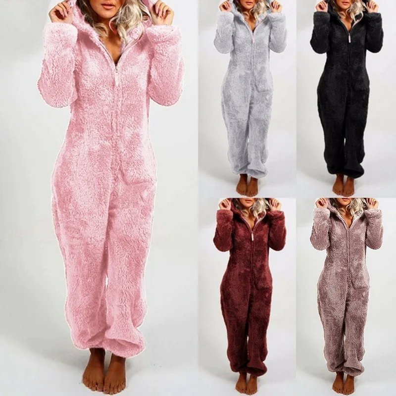 

Winter Warm Pyjamas Women Onesies Fluffy Fleece Jumpsuits Sleepwear Overall Hood Sets Pajamas For Women Adult Sleepwear Mujer