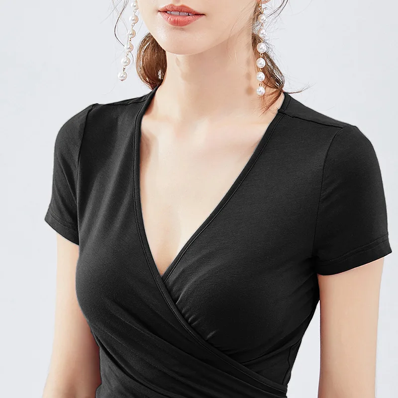 

T-shirt female short sleeve new style deep V close waist bandage low chest half sleeve sexy V collar exposed clavicle top female