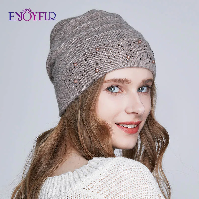 Женская шапка со стразами ENJOYFUR, зимняя теплая шерстяная шапка бежевого цвета с двойной подкладкой