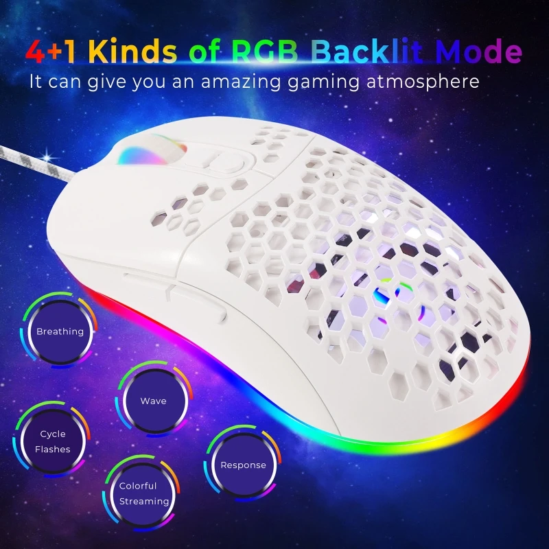 

7200DPI USB Wired Mouse Optical Gaming Honeycomb Shell Mice RGB LED Backlight R2JF