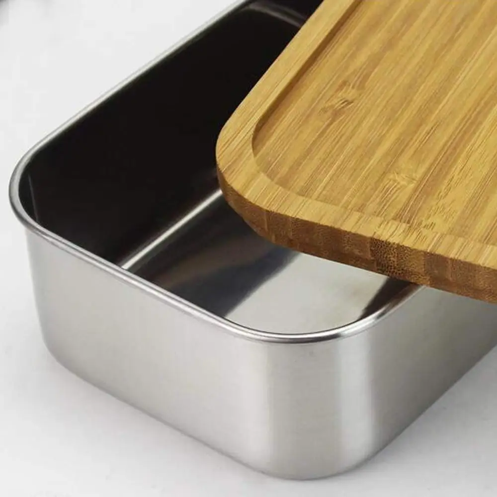 800ml Stainless Steel Lunch Box with Bamboo Lid Bento Sushi Snacks Container Convenient Holder Silver