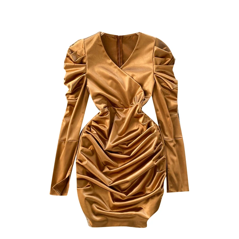 

Women Fashion Ruched Dress Design Split Long Sleeve V Neck Solid Slim Dress Spring Korean Chic Streetwear Short Dress