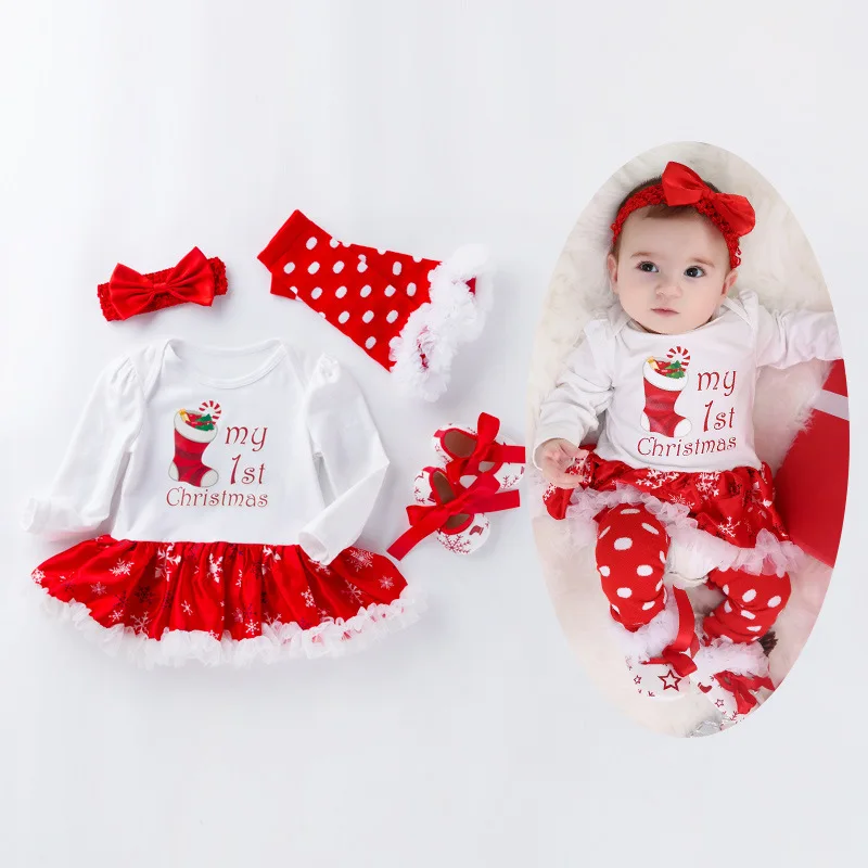 Christmas Baby Girl Clothes Dress Cotton Long Sleeve Children's Skirts Set 0-2 Newborn Four-piece Childen Clothing New Year Gift | Детская