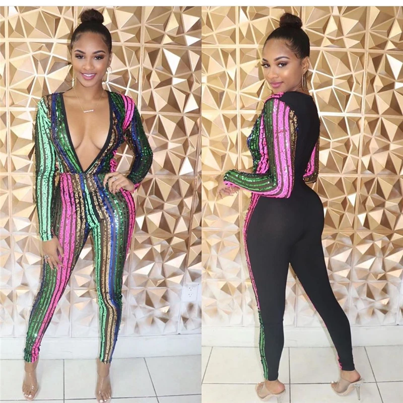 Женский комбинезон в цветную полоску Adogirl Облегающий с блестками глубоким