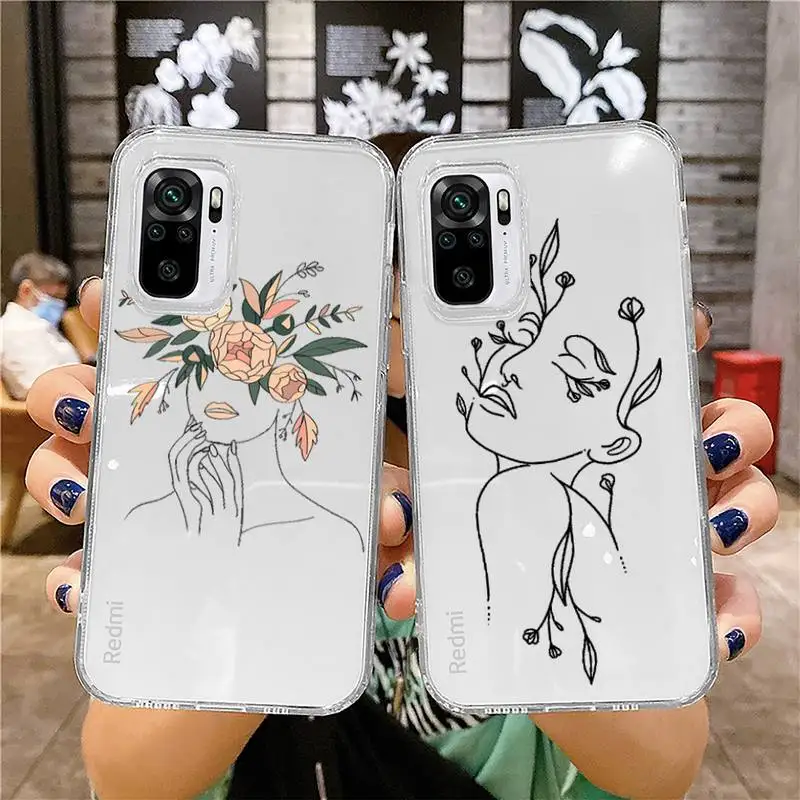 

Abstract Line Art Sketch Girl aesthetics Phone Case Transparent for Xiaomi mi 10T Poco F3 X3 M3 Redmi Note 11 8 9 9S 10 Pro