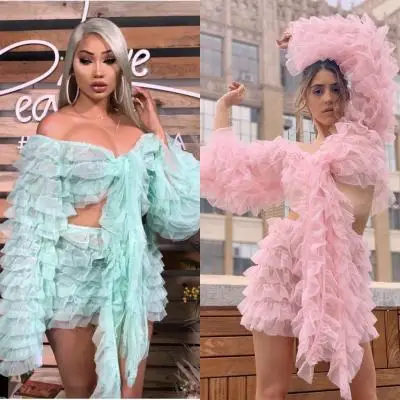 Fashion Two Pieces Tulle Sets Women Tiered Ruffle Off Shoulder Long Sleeve Top And Pleated Mini Tulle Pant Skirts Maxi Wear
