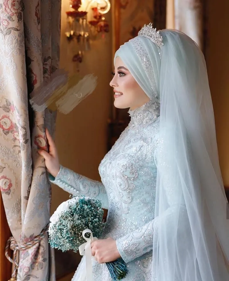 Красивые детские синие кружевные мусульманские свадебные платья с блестками