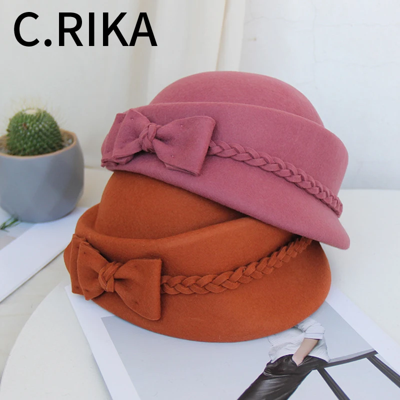 Элегантный винтажный шерстяной косичка с бантом Fedora осень зима женские