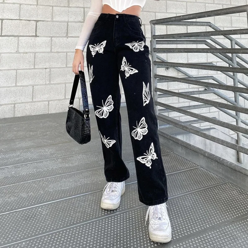 

FAKUNTN 2021 Butterfly Print Black Baggy Jeans Women Aesthetic Denim Pants Fashion High Waist Straight Long Trousers Streetwear