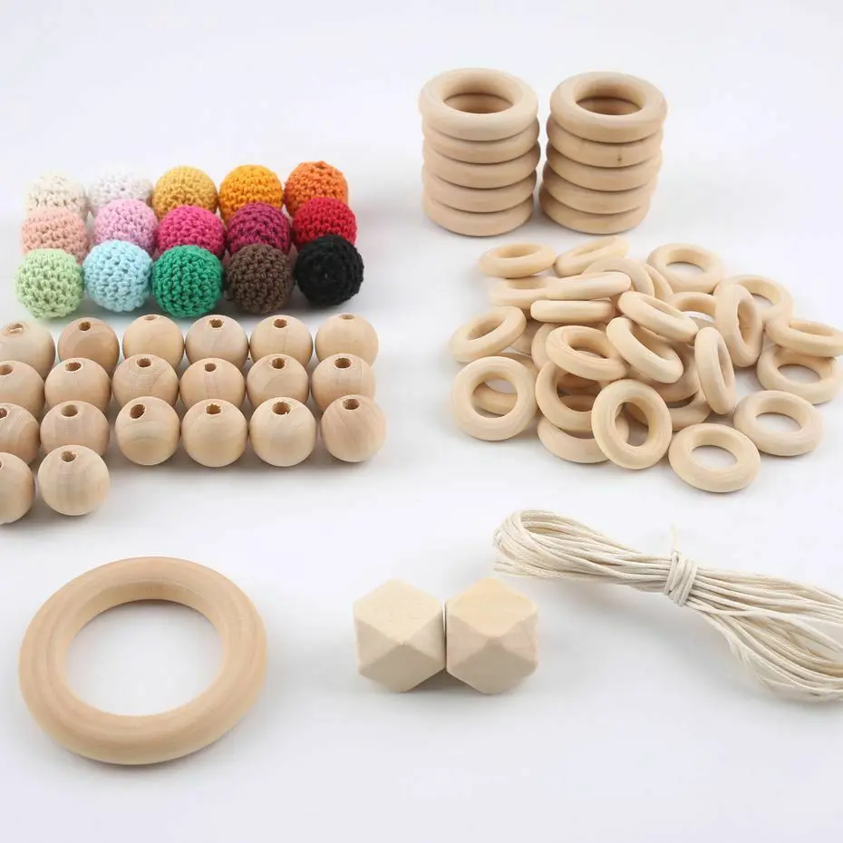 Natural Wooden Ring Geometric Round Crochet Wood Beads DIY Jewelry Making