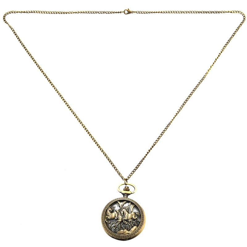 

Vintage Hollow Three Horse Quartz Pocket Watch Necklace Chain Pendant