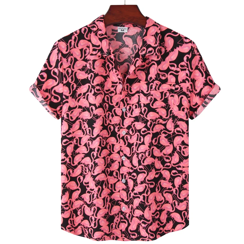 

Black Flamingo Shirts Men Short Sleeve Print Casual Mens Aloha Shirt Beach Holiday Hawaiian Camisas Summer Brand Cosy Camisa