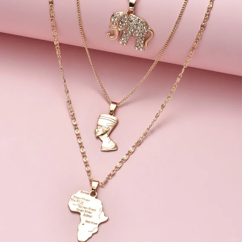 

New Multilayer Elephant Portrait Map Necklace Women's Vintage Layered Gold Color Necklaces Fashion Jewelry Female Choker Party