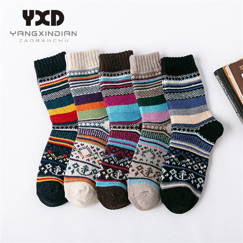 5 Pair/Mens Socks Winter Thicker Warm Thermal Christmas Socks National Style Stripe Color Block Wool Sock Gift For Men Socks Man