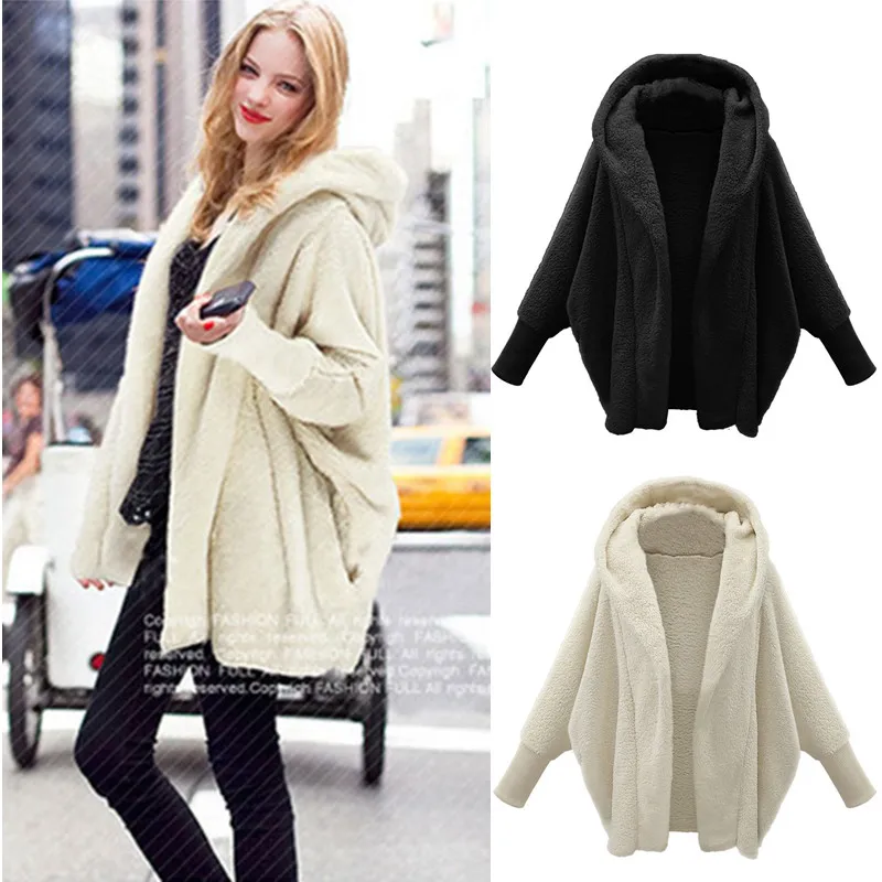

Fashion Women's Cardigan Fleece Coat Winter Warm Hooded Jacket Ladies Plus Size Long Sleeve Thicken Loose Coat Outwear