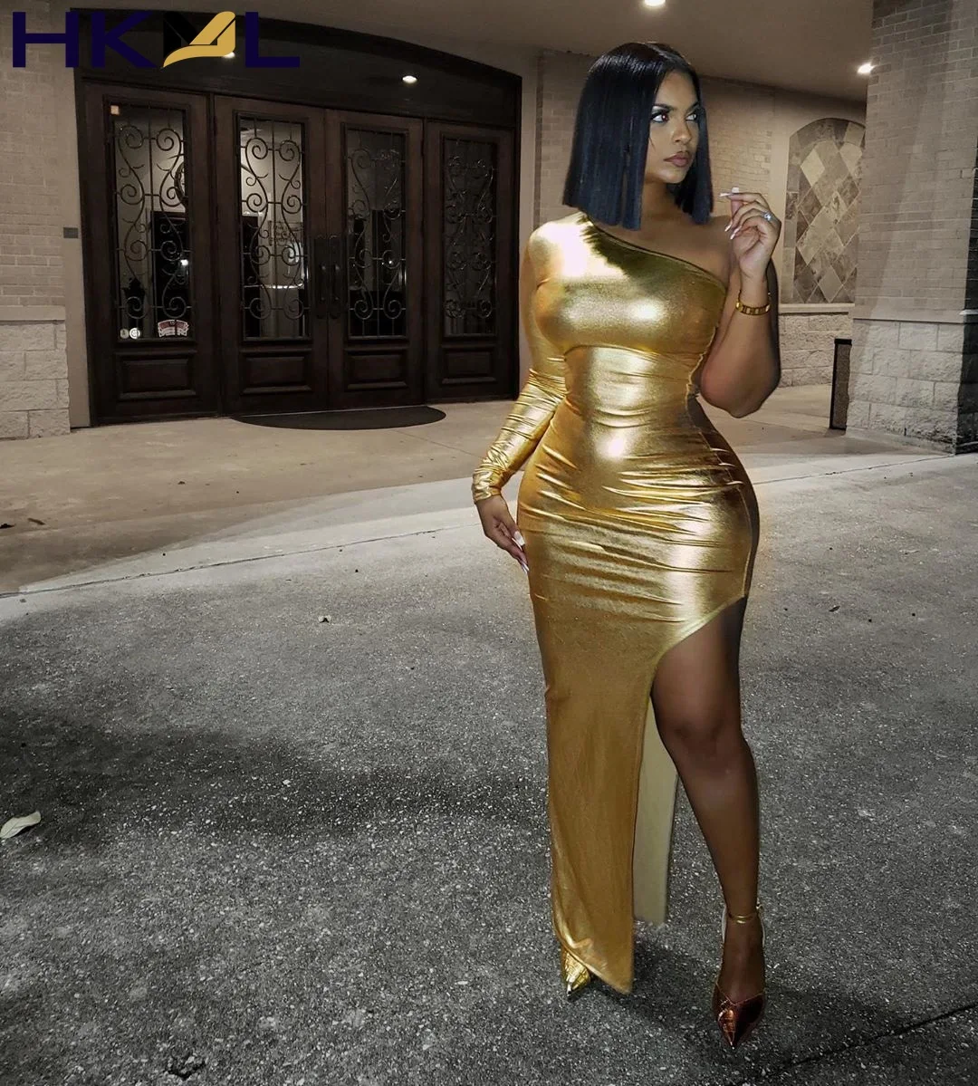 

Sexy Bodycon Slit Evening Party Dress Women One Shoulder Metallic Dress 2021 New Dress