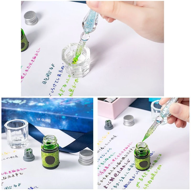 

Crystal Glass Pen Starry Sky Dip Pen Glitter Powder Fountain Pen 12 Colors Ink Gift Box Set Writing Supplies
