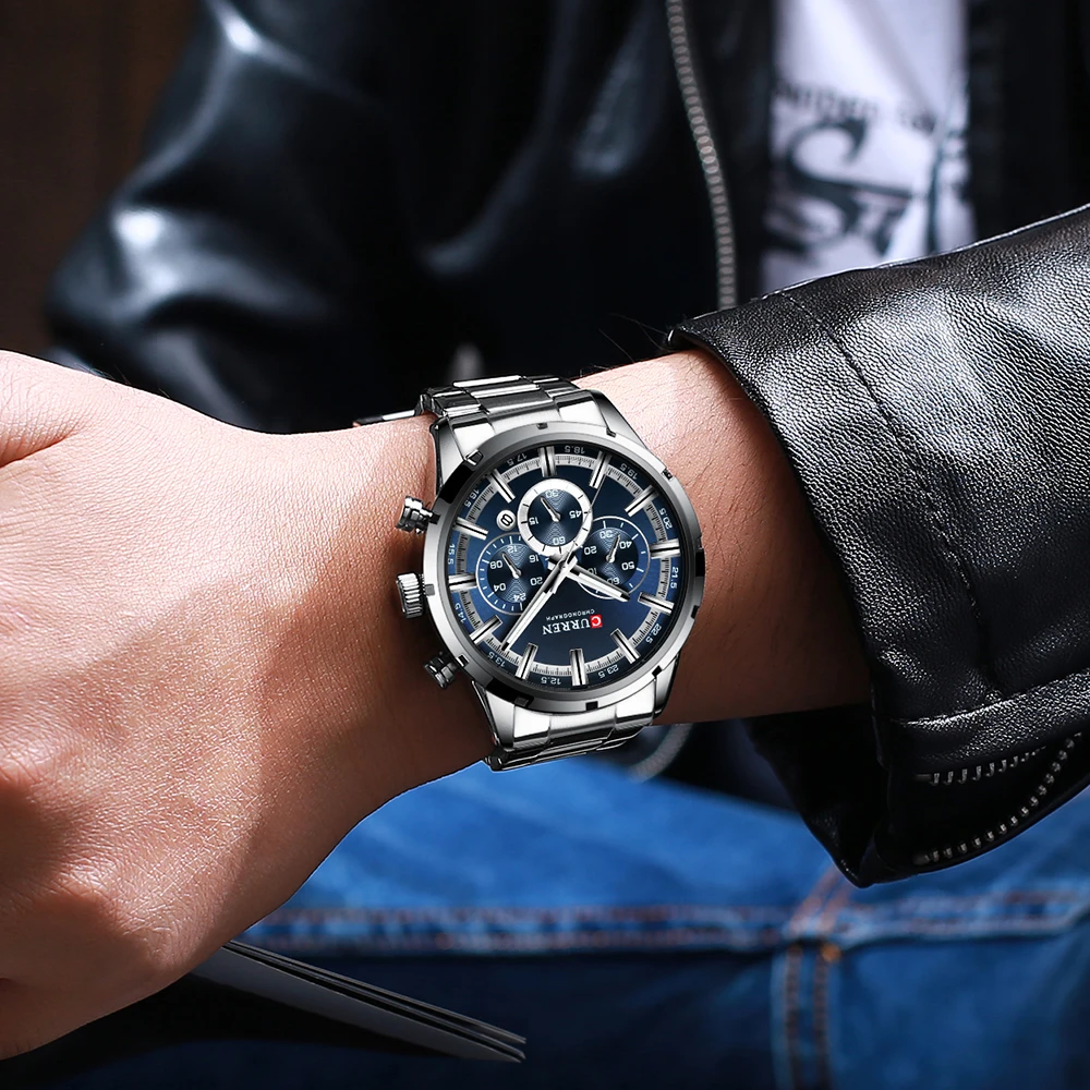 

CURREN Top Brand Military Quartz Watches Silver Blue Mens Stainless Steel Chronograph Wristwatch for Male Casual Sporty Clocks