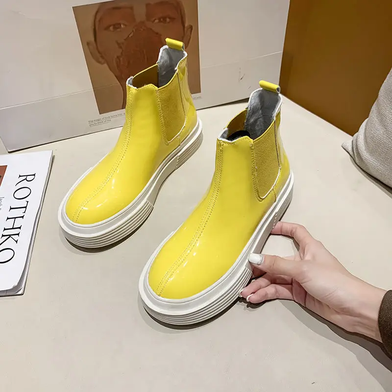 

Apanzu Women Boots Chelsea Boots Winter Shoes Patent Leather Plush Ankle Boots All-match Female Autumn Fashion Platform Booties