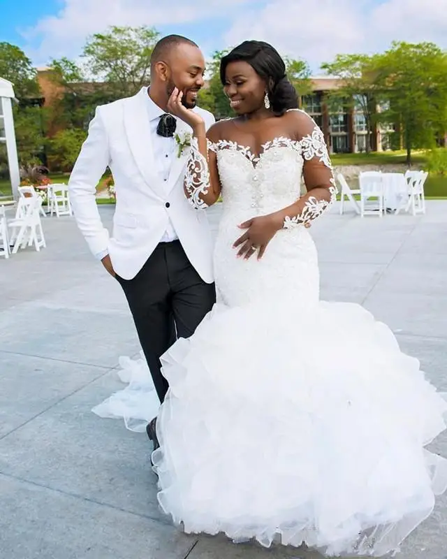 

us Size African Nigerian Wedding Bridal Dresses Lace Appliques Long Sleeves Sweep Train Luxury Mermaid Engagement Dresse