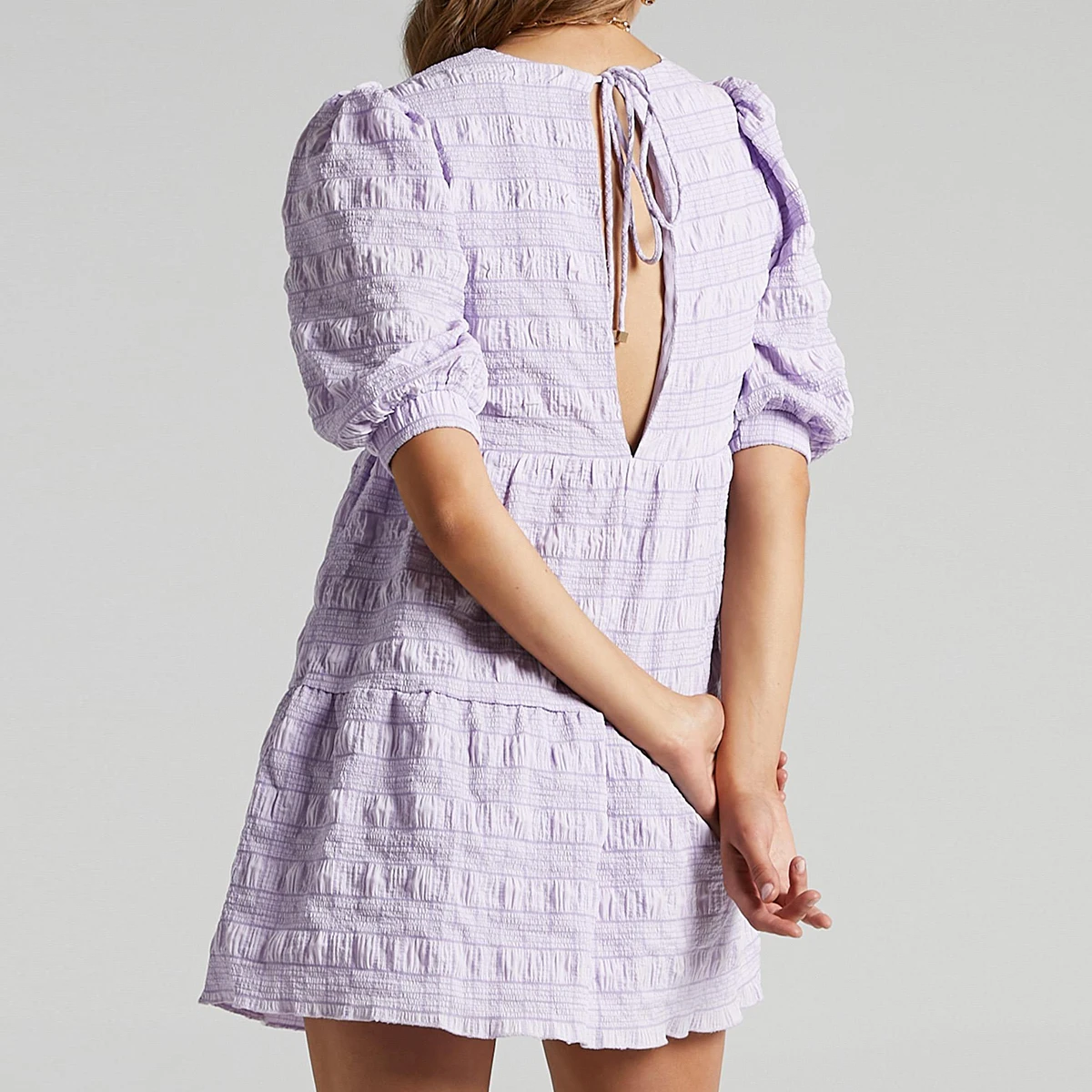 

Jastie Summer Women Dresses Nice Solid Color Pleated Plaid Lantern Sleeve Mini Dress Prom Bohemian Beach Party Casual Dress