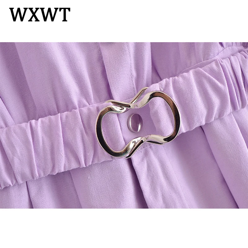 

WXWT 2021 Women Summer Solid Playsuits with Belt Elastic Waist Short Sleeve Rompers Ladies Casual Chic Jumpsuits LY9359