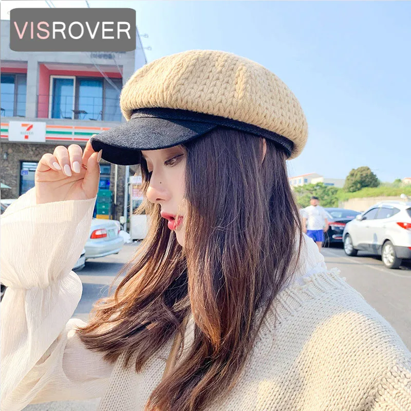 VISROVER Мода 5 цветов вязаный клетчатый козырек шляпа осень и зима винтажная шерсть лоскутное берет для женщин английская краска