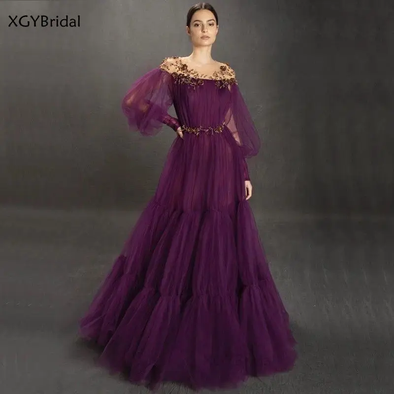 

New Arrival Purple Sexy Evening Dress 2021 Lantern Long Sleeves O-Neck Beading A-Line Tulle Formal Dress 2021