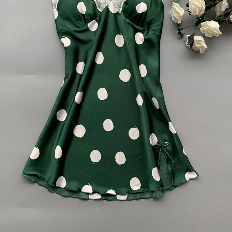

Sexy Women's Nightgown Satin Silk Night Shirts Sleepwear Lace Sexy Lingerie Nightdress Polka Dot Slips Nightwear Lady's Homewear
