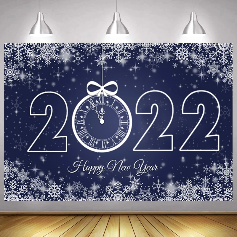 

Christmas Backdrop 2022 Happy New Year Party Decor Blue Snowflake Clock Photography Background Poster Vinyl Photophone Photozone