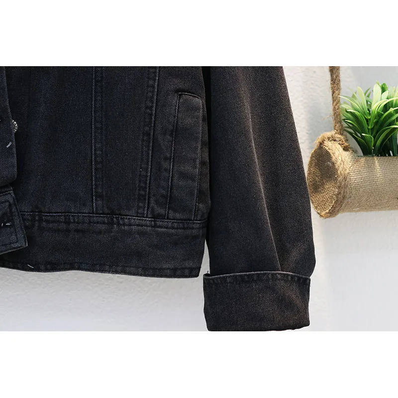 

Winter Black Denim Jacket Women Faux Lambswool Liner Fur Collar Jeans Jacket Loose Vintage Thick Warm Cowboy Jaquetas Feminina