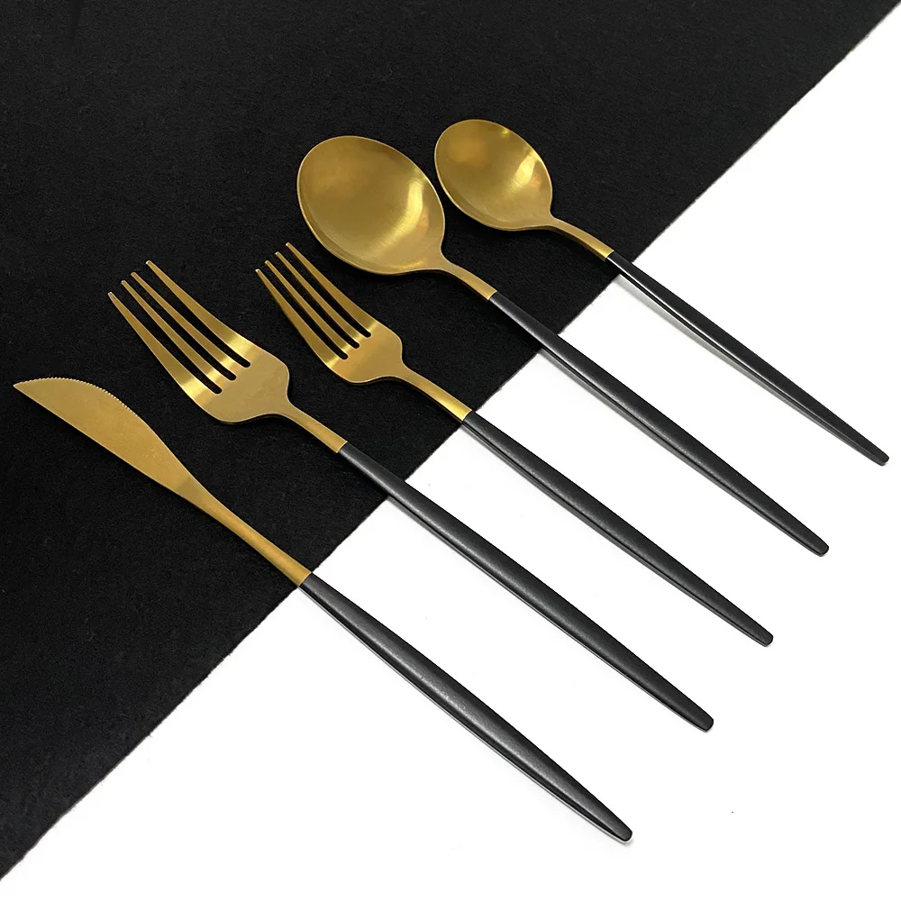 

Black Handle Gold Matte 30Pcs 18/10 Stainless Steel Cutlery Set Dinnerware Set Dinner Scoop Fork Knife Teaspoon Tableware Set