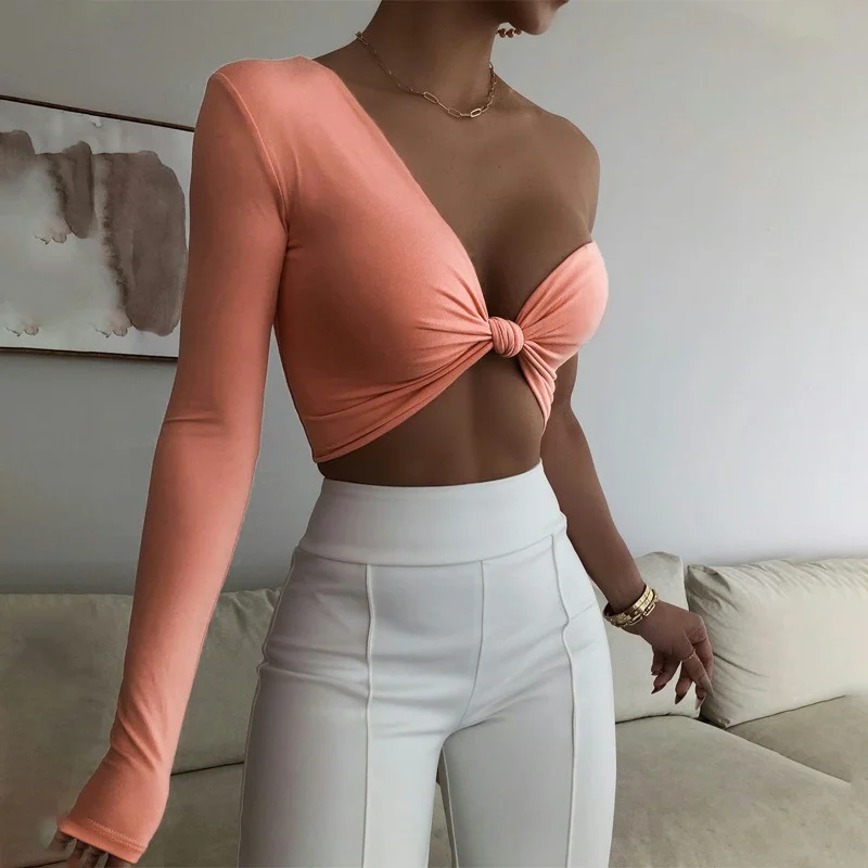

Dulzura Solid Women Long Sleeve T Shirt Crop Top Bow Tie Single Shoulder V Neck Bodycon Sexy Streetwear Club Casual 2021 Summer